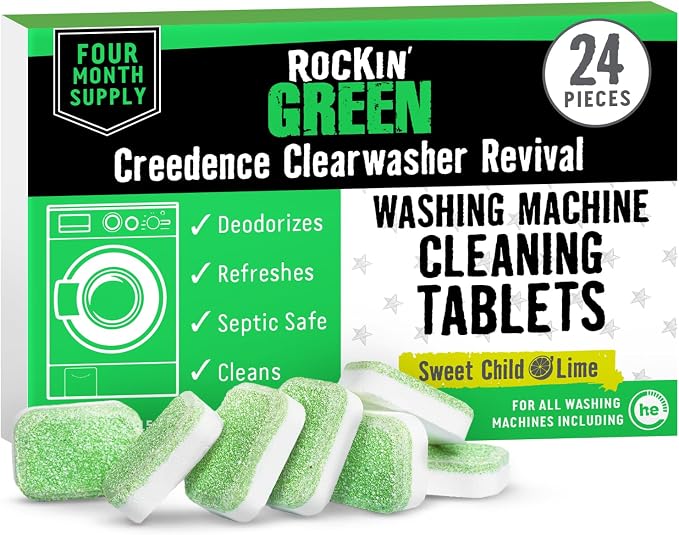 Rockin' Green Washing Machine Cleaner Citrus Lime 24 Pk | Deep Cleaning, Deodorizing, for Dishwashers Washing Machines Garbage Disposals, Removes Odor and Residue