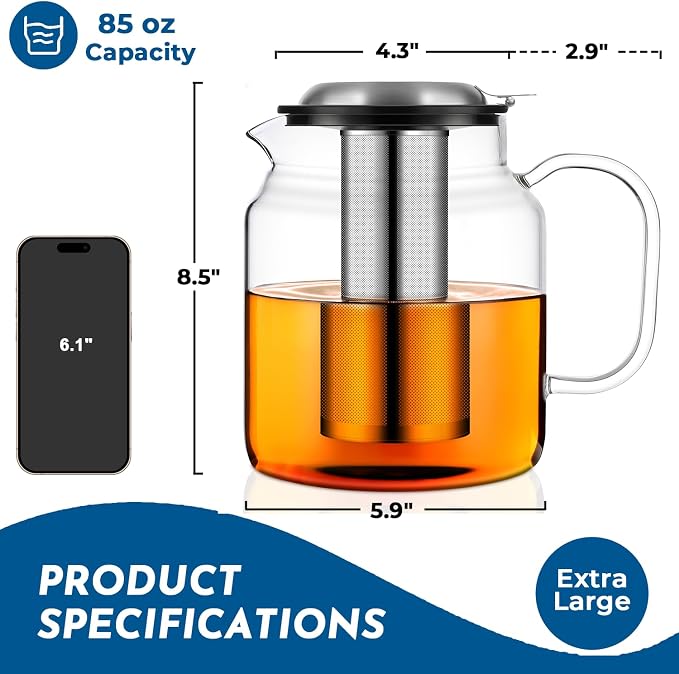 Aquach 85oz Glass Teapot with Infuser, Stovetop Safe Borosilicate Tea Pot | Dishwasher Safe, Plastic-free, Lead-free Material, Extra-Large Family Capacity, Precise Loose Leaf Filter