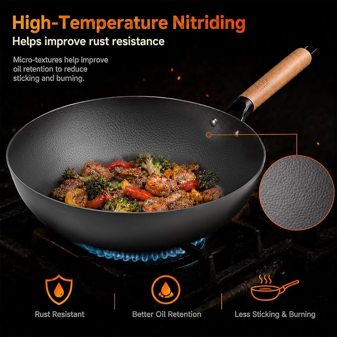 12.6 Inch Carbon Steel Wok Pan with Lid, 4.8 Qt Flat Bottom Stir Fry Pan with Self-Standing Glass Lid, Coating-Free Wood Handle Wok for Induction, Gas, Electric & Ceramic Stovetops