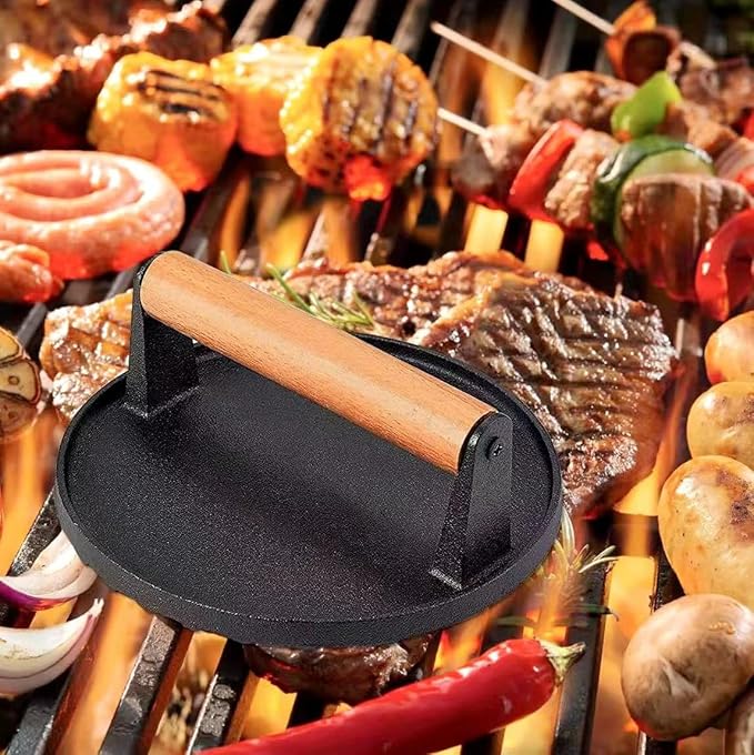 Kitchen Tools Heavy Duty Cast Iron Smash Burger Press Round Barbecue Meat Flat Press with Anti Scalding Wooden Handle with Handle for Griddle, Sandwich, Nonstick Pan