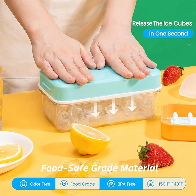 Ice Cube Tray with Lid and Bin, Easy Release 56 Cubes for Freezer | Food-grade BPA-free PP and ABS. Ice cubes for fruit, cocktails, iced coffee. Space-saving stackable with scoop