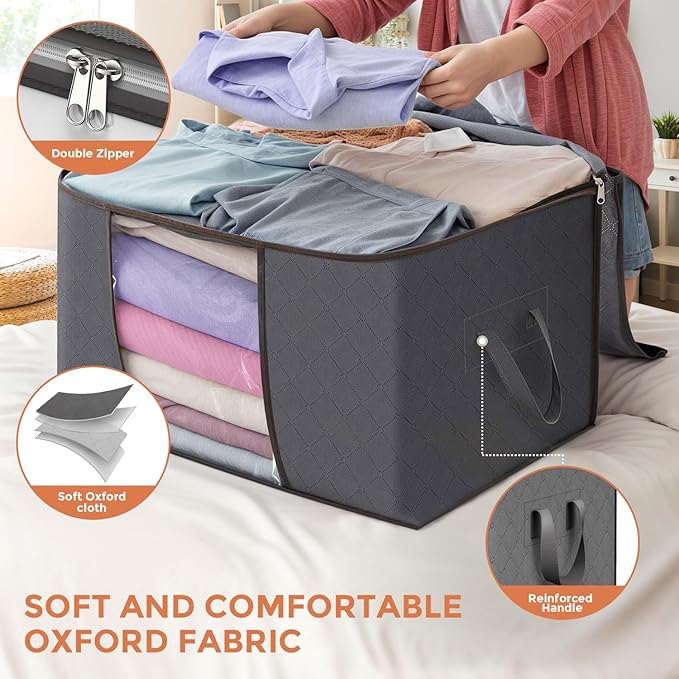 90L Large Storage Bags, 6 Pack Clothes Storage Bins Closet Organizers | Foldable Storage Containers, with Reinforced Handle, for Clothing, Blanket, Comforters, Bed Sheets, Pillows and Toys,Gray
