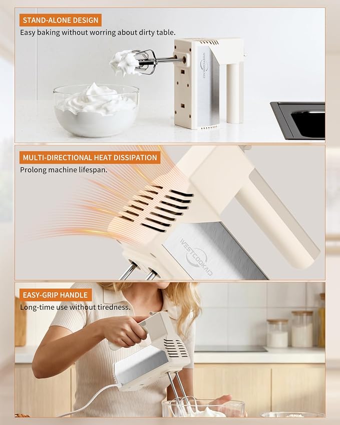 Hand Mixer Electric Handheld, 5-Speed 200W Portable Mixer Beige | WESTCOOKAID Electric Hand Mixer with Dough Hooks, Turbo Ultra Power+Eject Button, Perfect for Cakes, Eggs and Baking, Beige