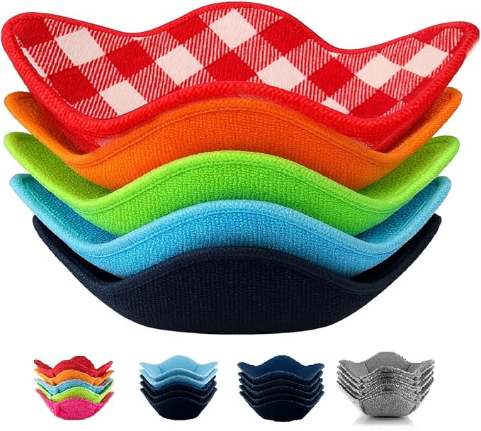 Bowl Snuggies, Multicolor Set of 5 Microwave-Safe Hot Bowl Holders to Keep Your Hands Cool and Your Food Warm, Polyester & Sponge Heat Resistant Dish Pads for Soup, Rice and Pasta Bowls