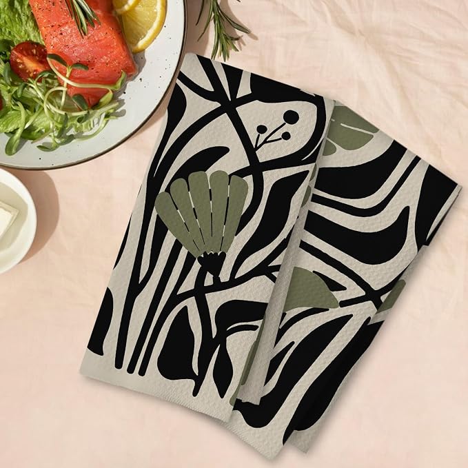 Abstract Dark sage Green and Black Boho Floral Kitchen Towels Set of 2, 70s Retro Groovy Botanical Dish Tea Towels for Kitchen Bathroom Decor, Mid Century Modern Hand Towels, 16x24 Inch