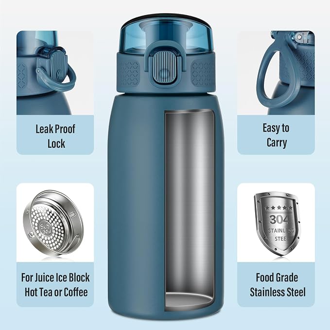 Insulated Water Bottle 12 oz with Dustproof Lid, Carry Handle & Tea Infuser, BPA-Free & Leakproof, Stainless Steel Water Bottles Ideal for Fitness, Hiking, Office & Outdoor Use （Navy Blue ）