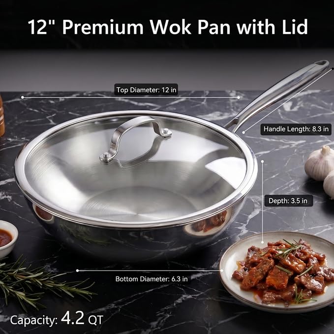 WANGYUANJI 4.2 QT Tri-Ply Stainless Steel Wok Pan with Lid, 12" Flat Bottom Stir Fry Skillet for Asian Cuisine, Premium 18/10 Induction Cookware for 3-4 Servings, Oven Safe