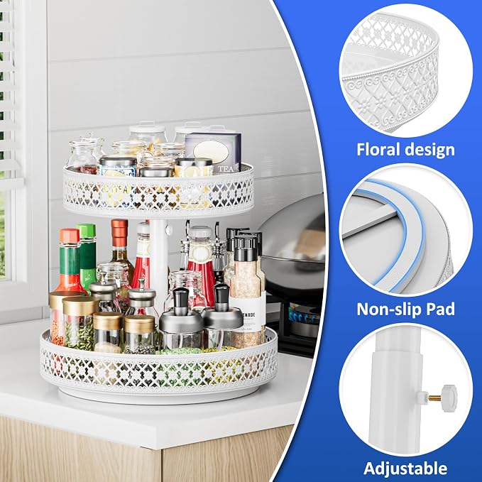 2 Tier Lazy Susan Organizer - Adjustable Rotating Spice Rack 12 inch | Floral Turntable Lazy Susan for Cabinet Pantry Kitchen Countertop Table Top Cupboard Bathroom Vanity Storage Metal White