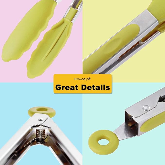 HINMAY Silicone Tipped Tongs 9" Kitchen Cooking Tongs, Set of 3 (Yellow)
