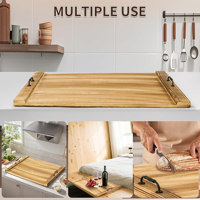 Gas Stove Top Cover with Handles, Wooden Noodle Board for Electric Gas Stovetop, 30 x 22 Inches, Light Brown