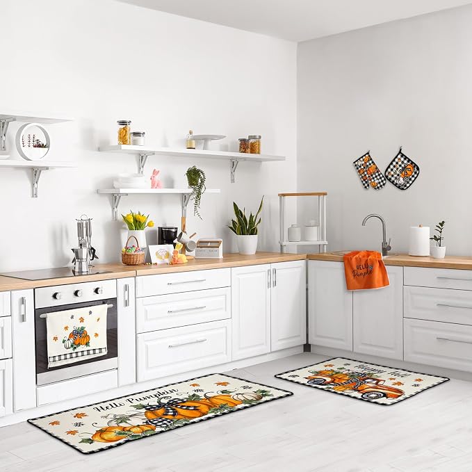 Fanfanwin 10 Pcs Fall Pumpkin Kitchen Decor and Accessories Set Pumpkin Kitchen Rugs Towels Pot Holders Oven Mitts Set for Autumn Baking Cooking BBQ Gift