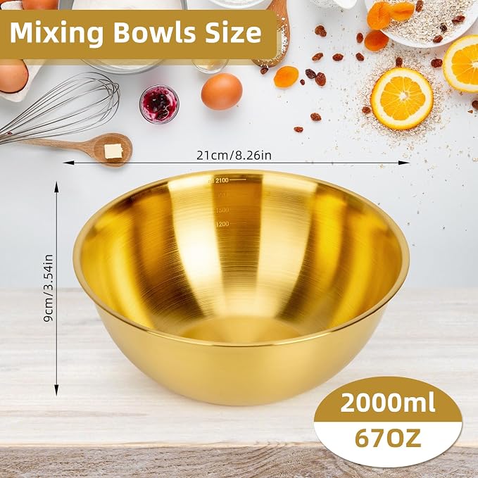 3-Piece Stainless Steel Golden Mixing Bowls (8.26") Metal Bowl with Measurement Marks, Dishwasher Safe & Stackable - Perfect for Baking, Salad Making, Meal Prep