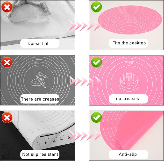 Silicone Baking Mat Cake Mat Round Silicone Baking Mat with Measurements for Cake Turntable Stand Pastry Baking Sheet, Non-Stick and Heat Resistant (Pink)
