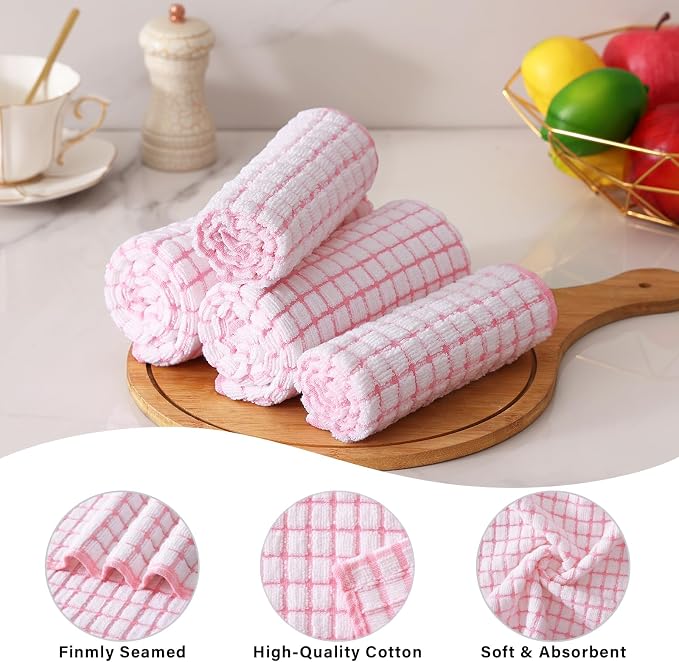 Kitinjoy Cotton 8 Pack Terry Kitchen Towels, Pink | 16 x 25 Inches Super Soft and Absorbent Dish Towels, Quick Drying hand towels for kitchen Drying