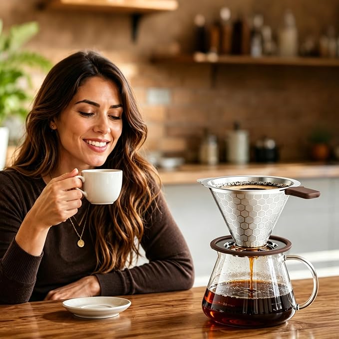 Pour Over Coffee Dripper, Stainless Steel Coffee Filter 600 Mesh Ultra-Fine,Paperless Reusable Coffee Filter,1-2 Cup Portable Single Serve Coffee Maker for Home Office Travel