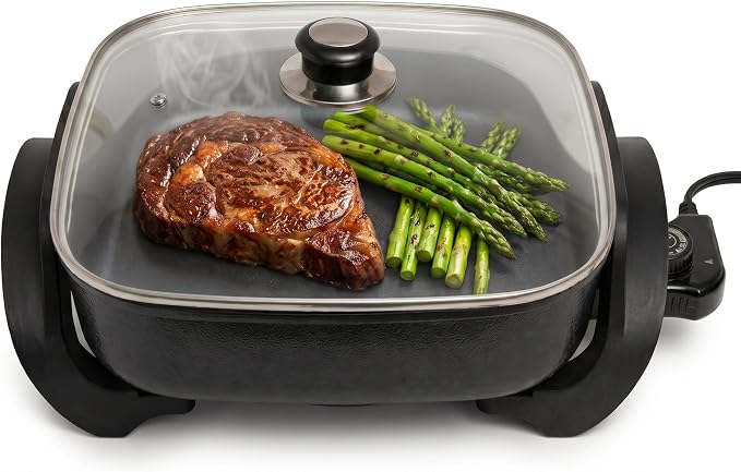 Moss & Stone Square Electric Skillet with Lid, 12-Inch Nonstick Frying Pan | 5 Qt Electric Frying Pan with Adjustable Temperature Control, Vented Glass Lid, Heat-Resistant Handles & Dishwasher Safe