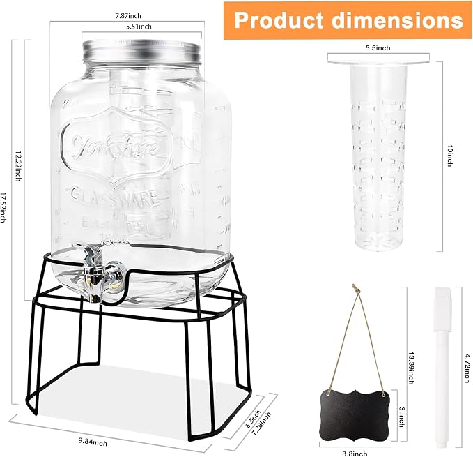 2 Gallon Glass Drink Dispensers For Parties,Beverage Dispenser with Stand,Fruit Infuser,Mason Jar Water Dispenser for Juice/Tea,Lemonade Dispenser for Parties,BPA Free Clear Water Pitcher with Spigot