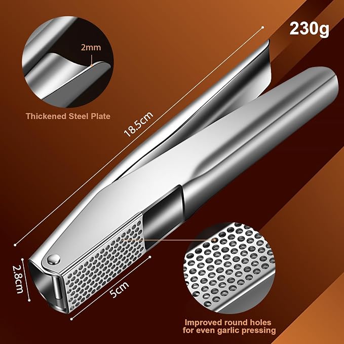Stainless Steel Garlic Press, Garlic Crusher, Dishwasher Safe | 304 stainless steel, no peeling, ergonomic handles, 5 cm chamber