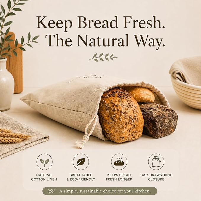 3-Pack Linen Bread Bags for Homemade Bread – Reusable Bread Storage Bags with Inner Lining – 12"x15" Sourdough Bread Bags – Eco-Friendly Baking Supplies & Gifts for Home Bakers by Simply H&K