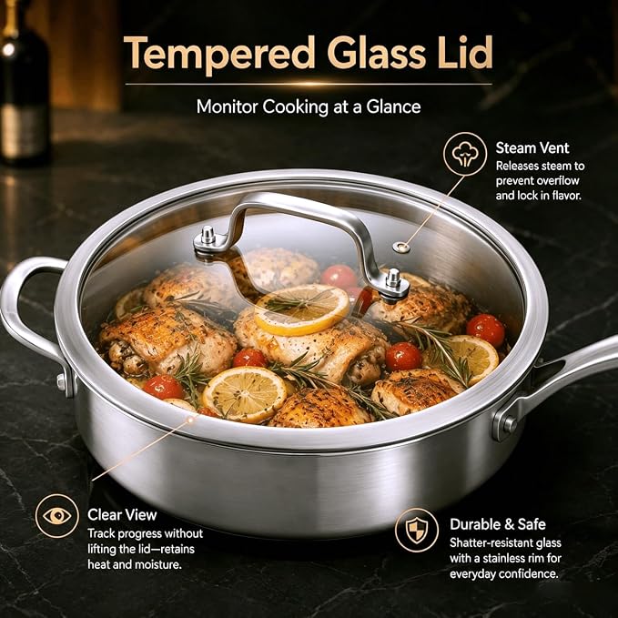 DELARLO Tri-Ply Stainless Steel 10 Inch Frying Pan,3 Quart Sauté Pan with lid,Compatible with All Cooktops,Oven Up to 660℉,Chicken Fryer,Dishwasher-Friendly