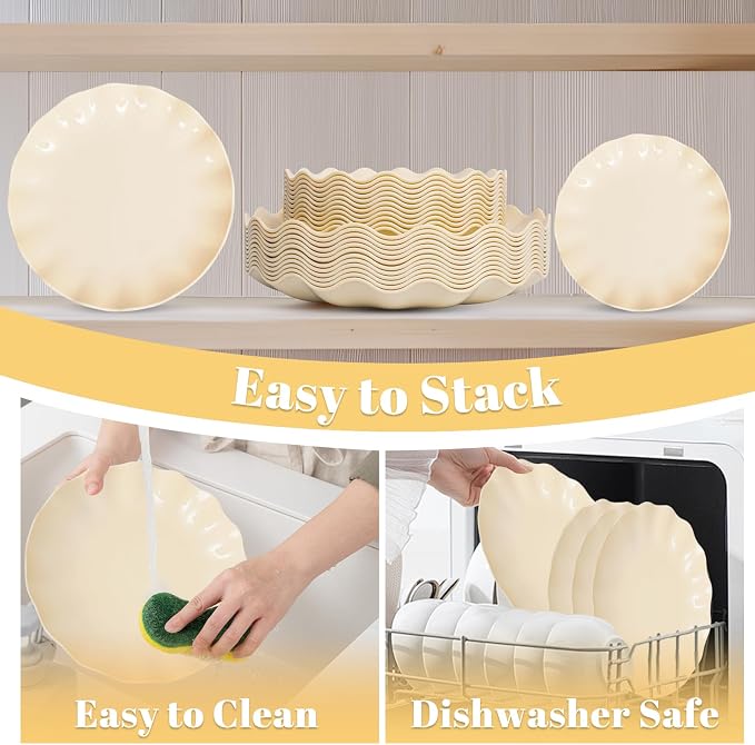 LIYH 50 Pcs Beige Plastic Plates Reusable Unbreakable Dinner Plates Scalloped Plastic Plate Dishwasher Safe Ivory Plate Sets Perfect for Parties Birthday Picnics BPA Free (25Guests)
