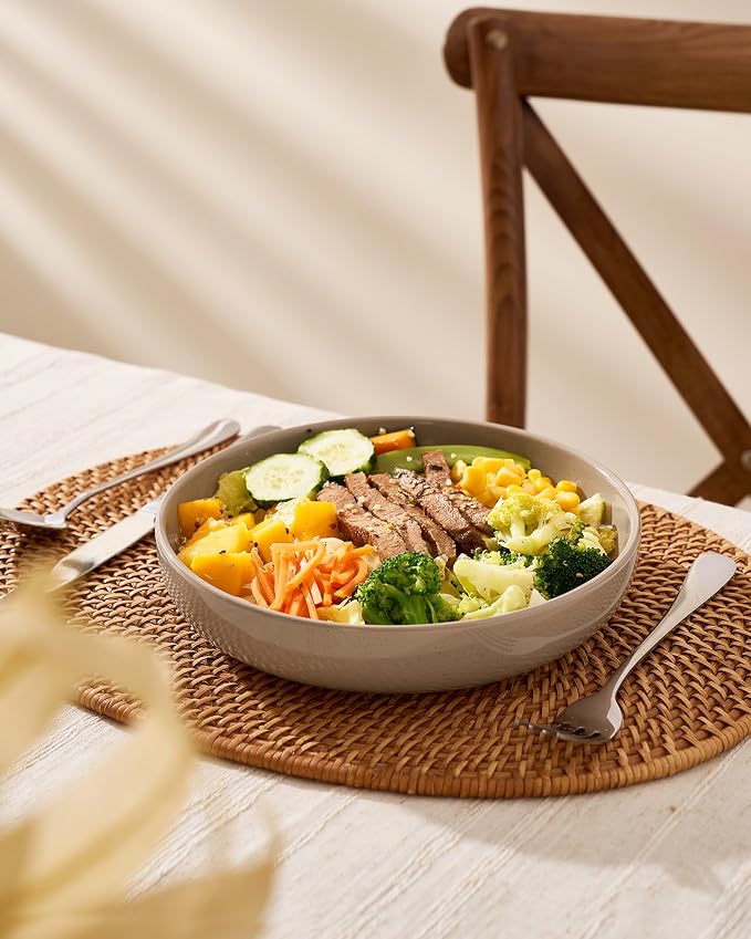 famiware Milkyway 33 oz Pasta Bowls Set of 4, White & Cinnamon Brown | Scratch-Resistant Stoneware Salad Bowls, Stackable, Dishwasher & Microwave Safe, Lead-Fre