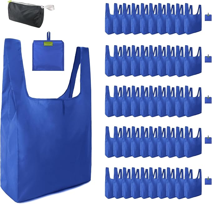 BeeGreen Reusable Grocery Bags Blue Kitchen Bags Bulk Foldable-Machine Washable with Zipper Storage Pouch 50 Packs