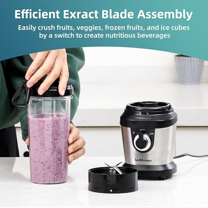 La Reveuse Smoothie Blender with 2 x 24oz To-Go Cups, 400W, Stainless Steel | Personal Size For Protein Shakes, Smoothies, Ice Crushing, BPA-free Cups and Spout Lids, Dishwasher Safe, 1 Speed and Pulse