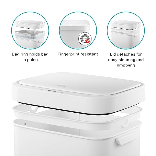 13 Gallon Trash Can, Touchless Stainless Steel Kitchen Bin (White) | Automatic Motion Sensor Lid | 50L Fits 13 Gal Tall Kitchen Bags | Anti-Fingerprint Brushed Finish | For Home Office