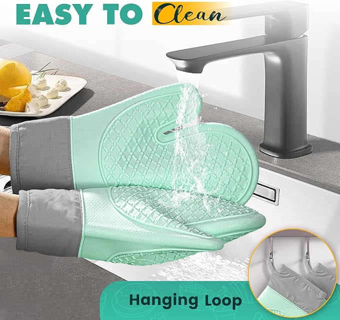 Silicone Oven Mitts (2 PCS), Waterproof Non Slip Grip Oven Gloves with Thick Soft Cotton Lining, Universal Fit Heat Resistant Kitchen Gloves for Baking, BBQ, Cooking and Grilling-Green