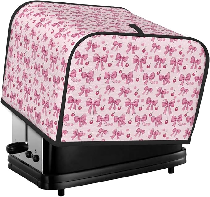 4 Slice Toaster Cover Pink Bow Pattern Cherry Dust Proof Washable Kitchen Appliance Cover with Pocket, Oxford Fabric Countertop Toaster Protector for Standard Toasters Small Appliances