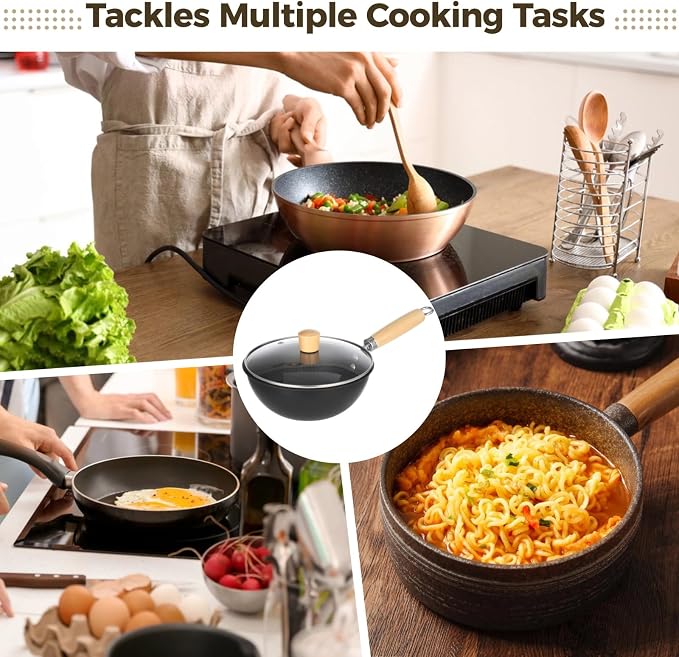 Small Wok with Lid, Mini Wok, 8" Non-stick Mini Frying Pan, Compact, Coating-less, Cast Iron Wok with Wooden Handle, Compatible with Induction, Gas, Ceramic Stove