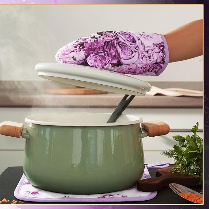 Leinuosen 8 Pcs Purple Rose Kitchen Towels and Dishcloths Sets Pot Holders and Oven Mitts Sets Absorbent Kitchen Gloves Potholders Heat Resistant for Chef Baking Cooking