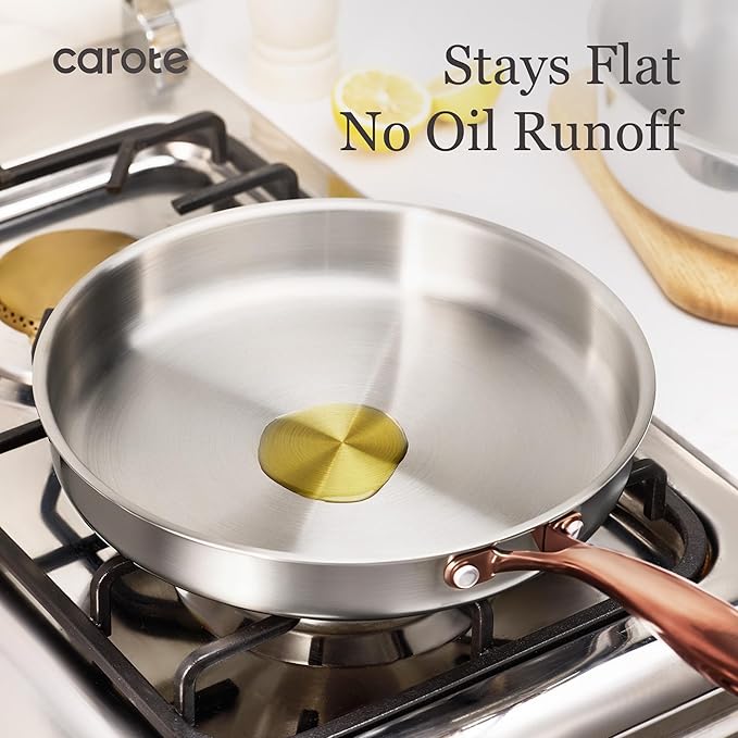 CAROTE 7-Piece Tri-Ply Stainless Steel Frying Pan Set, Skillet Set 8"/10"/12", Induction Compatible, Oven & Dishwasher Safe, Gold Handle