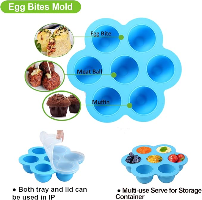 Silicone Egg Bites Molds for Instant Pot Accessories 6 Qt 8 Qt, Including Steamer Rack Trivet with Heat Resistant Handles, 5-Piece Measuring Spoons as Bonus, Sous Vide Egg Poacher