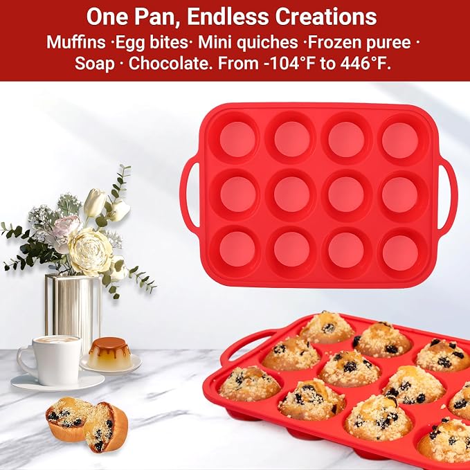 Redfly Silicone Mini Muffin Pans for Baking 24 Cup with Steel Frame Non-Stick,2Pack Small Cupcake Pan, Food Grade, Easy Release,Dishwasher Oven Freezer Microwave Safe for Muffin Tin Cake Pop Molds