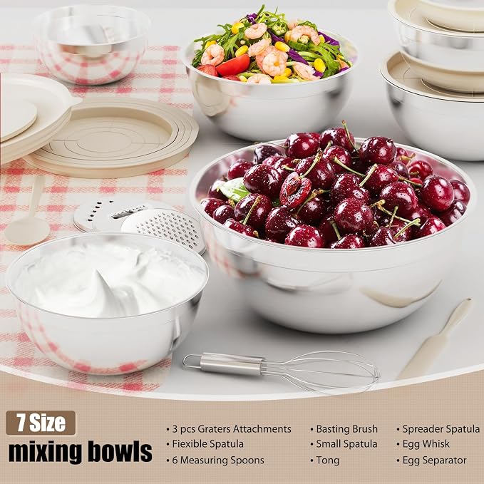 ENVTEK 7-Piece Stainless Steel Mixing Bowls Set with Lids & 3 Grater Attachments – Size 4.5, 4, 3.5, 2.1, 1.5, 1.1, 0.7QT, Kitchen Gadgets Set for Cooking, Baking, and Serving, Khaki