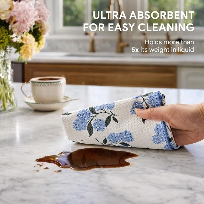 RECYCO Waffle Kitchen Towel Set of 2 - Quick Dry Microfiber Sustainable Dish Towels - Ultra Absorbent Reusable Cleaning Tea Towels - Lightweight Hand Towels,16”x 28”, Hydrangea Ball