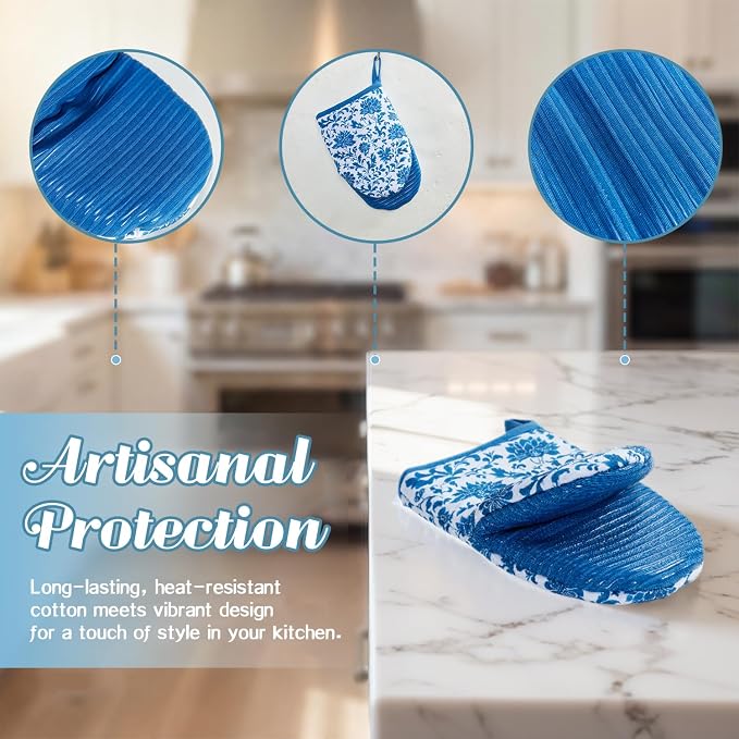 Ribbed Mini Oven Mitts 2-Pack Set, 5.5"x8.5", Blue and White Flower Printed, Heavy Duty Cotton, Non-Slip Heat Resistant Soft Silicone Oven Mitts with Hanging Loop for Cooking Kitchen Decor