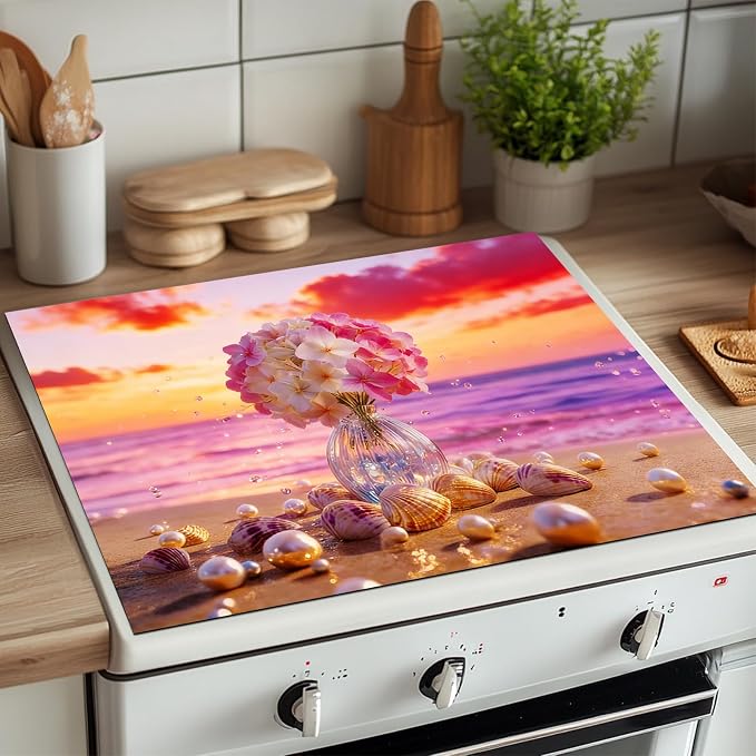 HOMETITUTE Summer Stove Top Covers for Electric Stove 28x20 Inches Sunset Beach Flower Seashell Heat Resistant Glass Cooktop Protector Pad Decorative Stovetop Cover for Kitchen Coffee Bar Decor