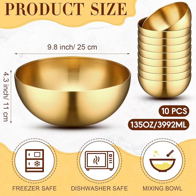 Nuogo 10 Pcs Gold Bowls 9.8 Inch Stainless Steel Mixing Bowls Decorative Esthetician Bowl for Facial Metal Serving Bowl for Holiday Birthday Party Wedding Baking Prepping Salad Fruit Soup
