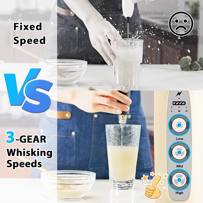 Milk Frother Wand Rechargeable Handheld Electric Whisk 3 Speed Adjustable | Coffee Frother Wand with 3 Stainless Whisks Electric Foam Maker Drink Mixer Blender for Latte Cappuccino Matcha Egg
