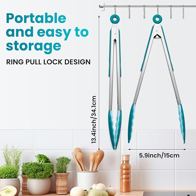 12-Inch Kitchen Tongs for Cooking with Silicone Tip,Turquoise | 600℉ Heat-Resistant,Stainless Steel Locking Cooking Tongs Food Tongs for BBQ/Cooking/Salad/Serving Food,Heavy Duty,Non-Stick