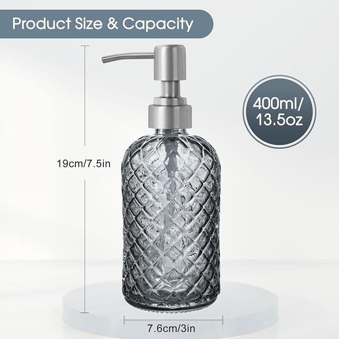 Gem-Patterned Glass Soap Dispenser with Rust Proof Stainless Steel Pump-13 oz Liquid Hand Soap Dispenser for Kitchen & Bathroom,Great for Lotions, Essential Oil, Liquid Soaps-Gray