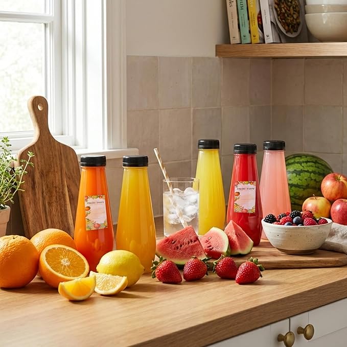 32pcs 12oz Cone Juice Bottles with Caps, Sticker Labels, Brush | Empty Plastic Juicing Bottles with Caps, Reusable Clear Bulk Beverage Containers for Juicing, Drinkings, Milkshake, Tea