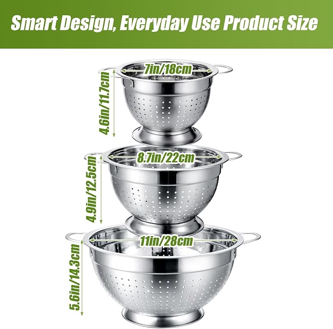 Palksky Stainless Steel Colander Set of 3, Nesting Metal Strainers with Handles and Raised Base, 7/8.7/11 Inch Kitchen Colanders for Pasta, Vegetables, Fruit, Rice, Salad and Meal Prep