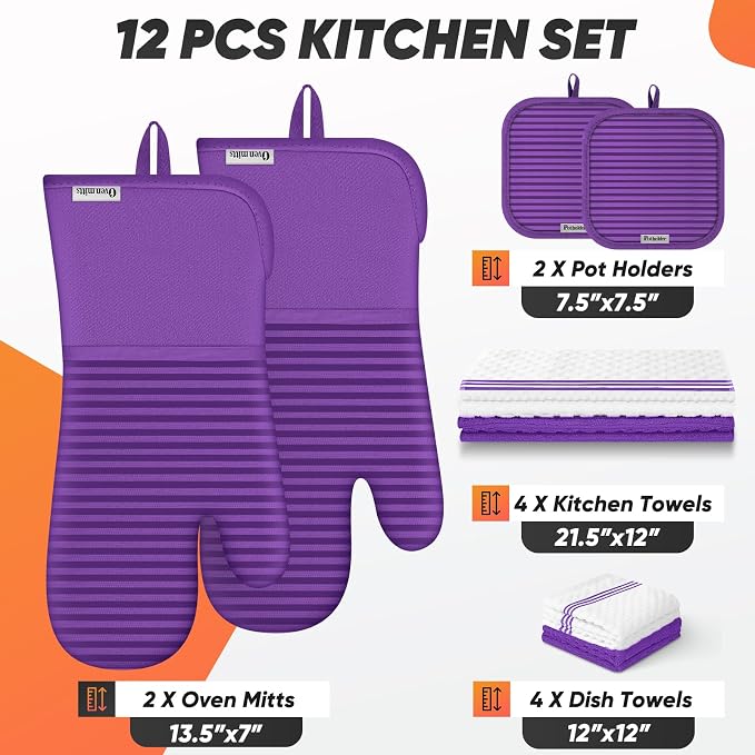 Oven Mitts Kitchen Towels and Dishcloths with Pot Holders Sets, Oven Gloves Hot Pads 500°F Heat Resistant with Silicone Grip, Include 2 Cooking Gloves/2 Potholders/4 Kitchen Towels/4 Dish Towels