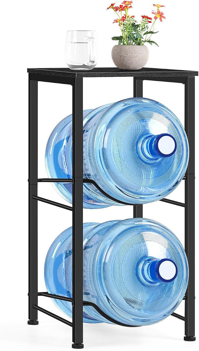 Water Jug Holder 5 Gallon Water Bottle Holder With Top Shelve 2 Tier Water Cooler Storage Rack Heavy Duty Water Dispenser Stand for Kitchen Living Room Office Black