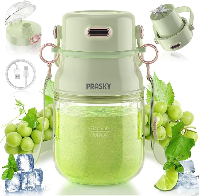 Portable Blender, Prasky Personal Blenders for Shakes and Smoothies with 27oz Cup, Lid and Shoulder Strap, Type-C USB Rechargeable, Personal Size Blenders BPA-free for Travel/Kitchen (Light Green）