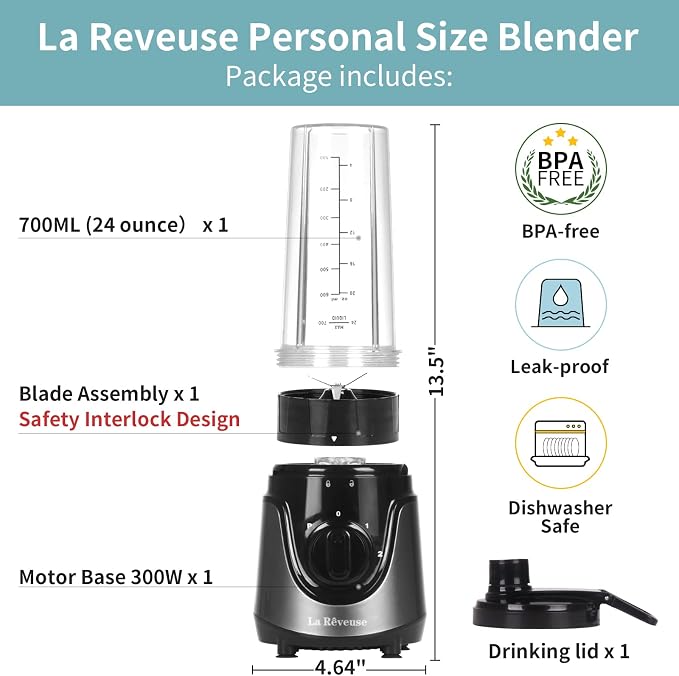La Reveuse Personal Size Blender with 24oz. To-Go Cup, 300W, Gray, LARB2201 | Making Protein Shakes, Smoothies, Seasonings, Portable BPA-free Cup with (1) Spout Lid, 2 Speed Pulse Switch, Dishwasher Safe